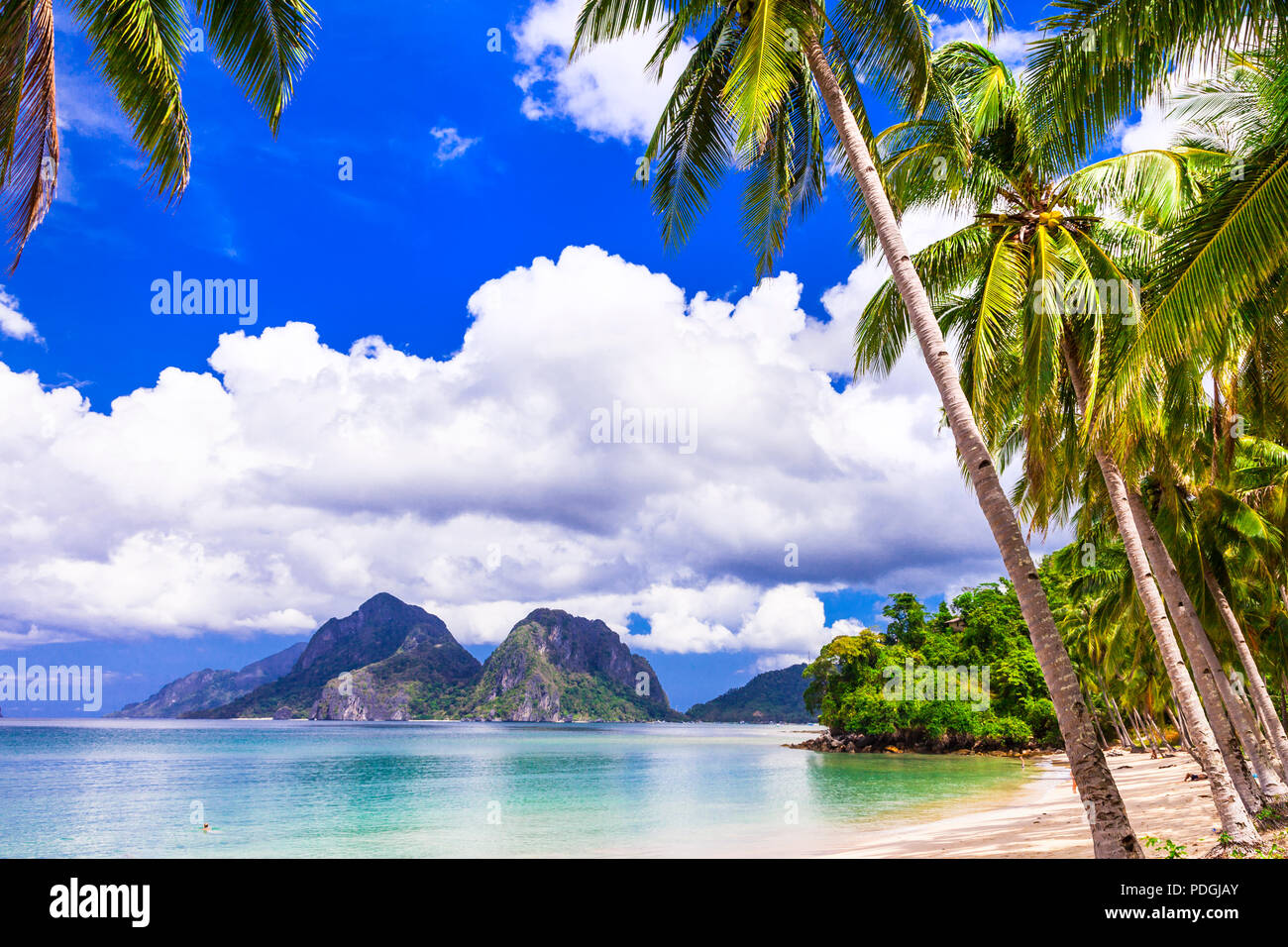 Beautiful beach of Palawan,view with palm trees,sea and mountains,Philippines. Stock Photo