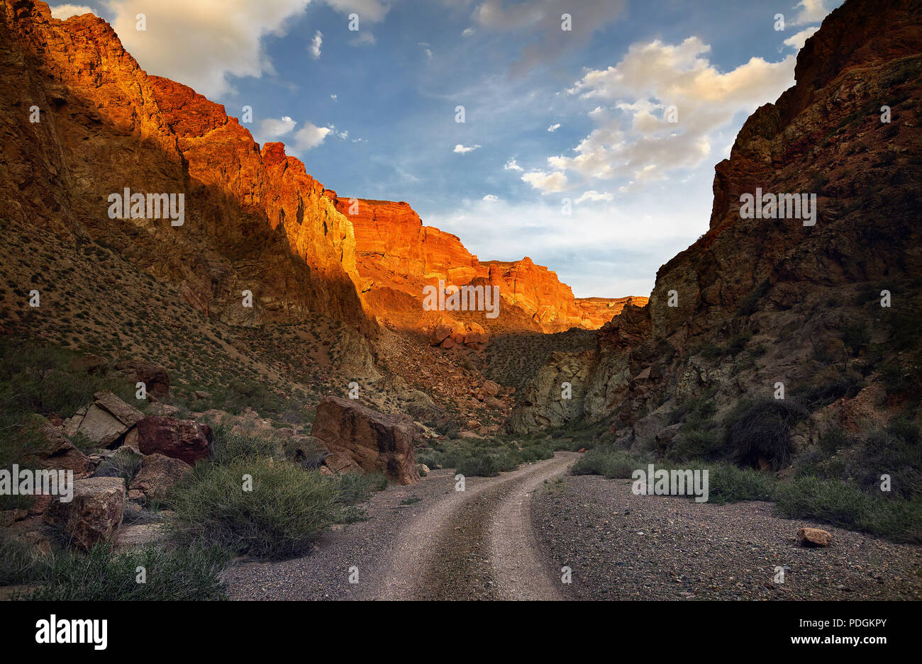 Orange rocks and road at Charyn canyon at sunset in Kazakhsthan Stock Photo
