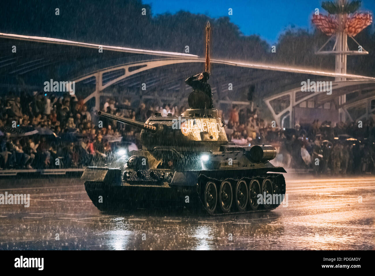 Minsk, Belarus- June 28, 2017: Military T-34-85 Tank Moving At Street During Rehearsal Of Parafe Before Celebration Of Independence Day Of Belarus. Ev Stock Photo