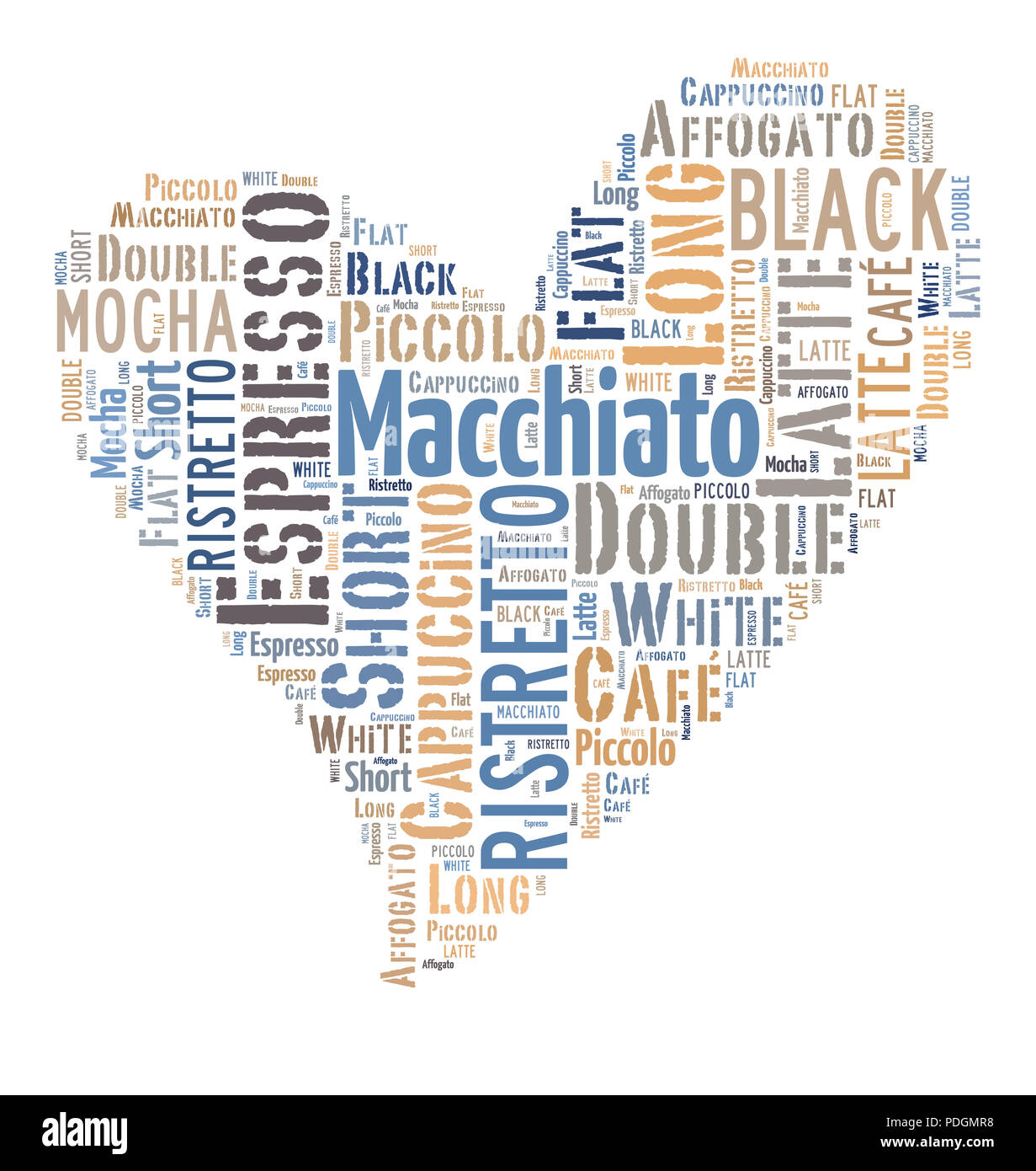 Index of coffee drinks words cloud collage, poster background, love coffee concept on heart shape Stock Photo