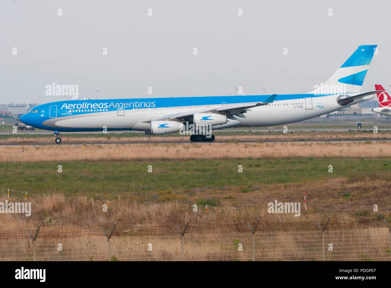 ROME, ITALY - JULY 11, 2013 - An Aerolineas Argentinas Airbus A-340 in preparation for take-off at the Fiumicino airport in Rome Stock Photo