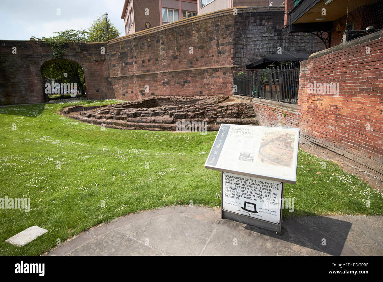 chester city walls showing original roman walls and angle tower foundations cheshire england uk Stock Photo