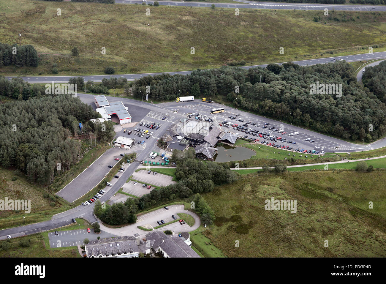 aerial view of Tebay Services Northbound on the M6 motorway in Cumbria Stock Photo