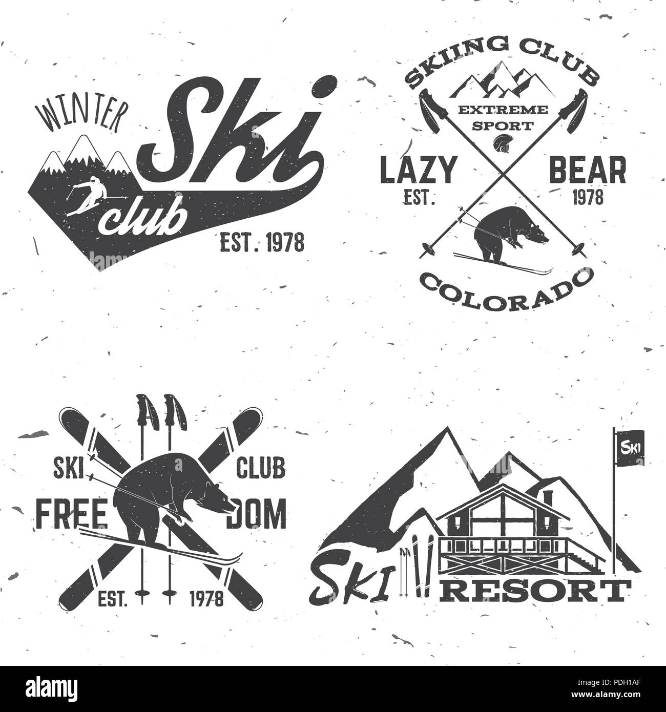 Ski club concept. Vector ski club retro badge. Concept for shirt, print, seal or stamp. Skis, mountain, bear and cottage. Typography design- stock vec Stock Vector
