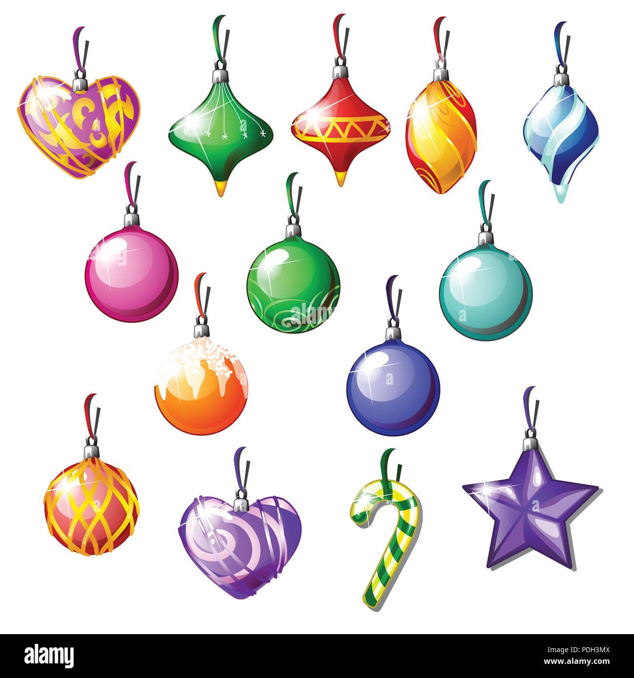 Sketch with Christmas tree decorations isolated on white background. Colorful festive baubles. Template of the poster, invitation and other cards. Vector illustration. Stock Vector
