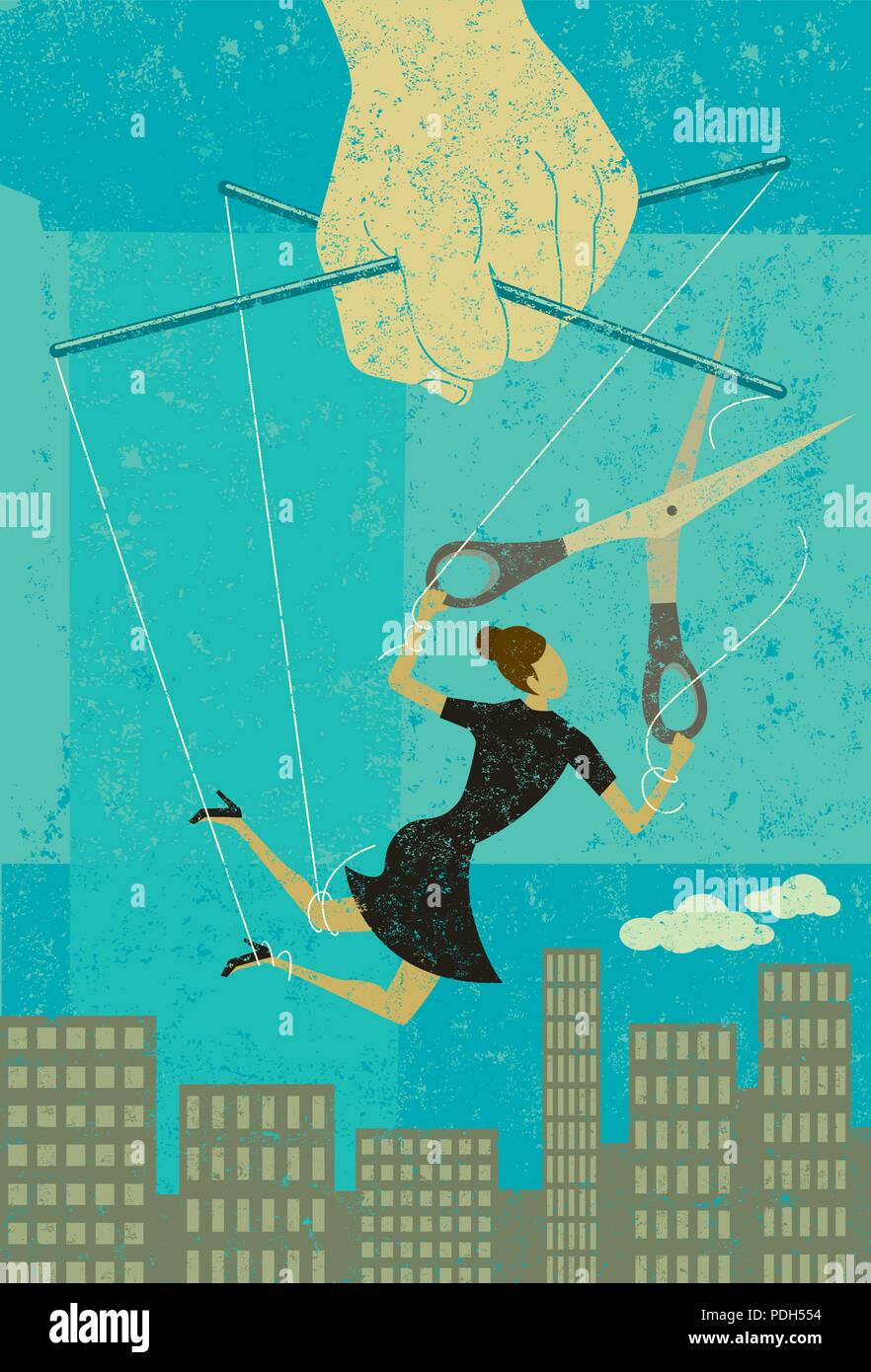 Escaping a controlling boss. A businesswoman, portrayed as a puppet on a string, cuts herself away from manipulative control to gain her freedom. Stock Vector