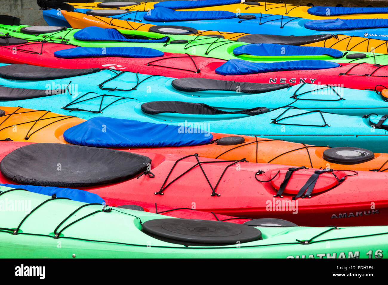 Bright colorful ocean kayaks filling frame in Valdez Alaska Stock Photo