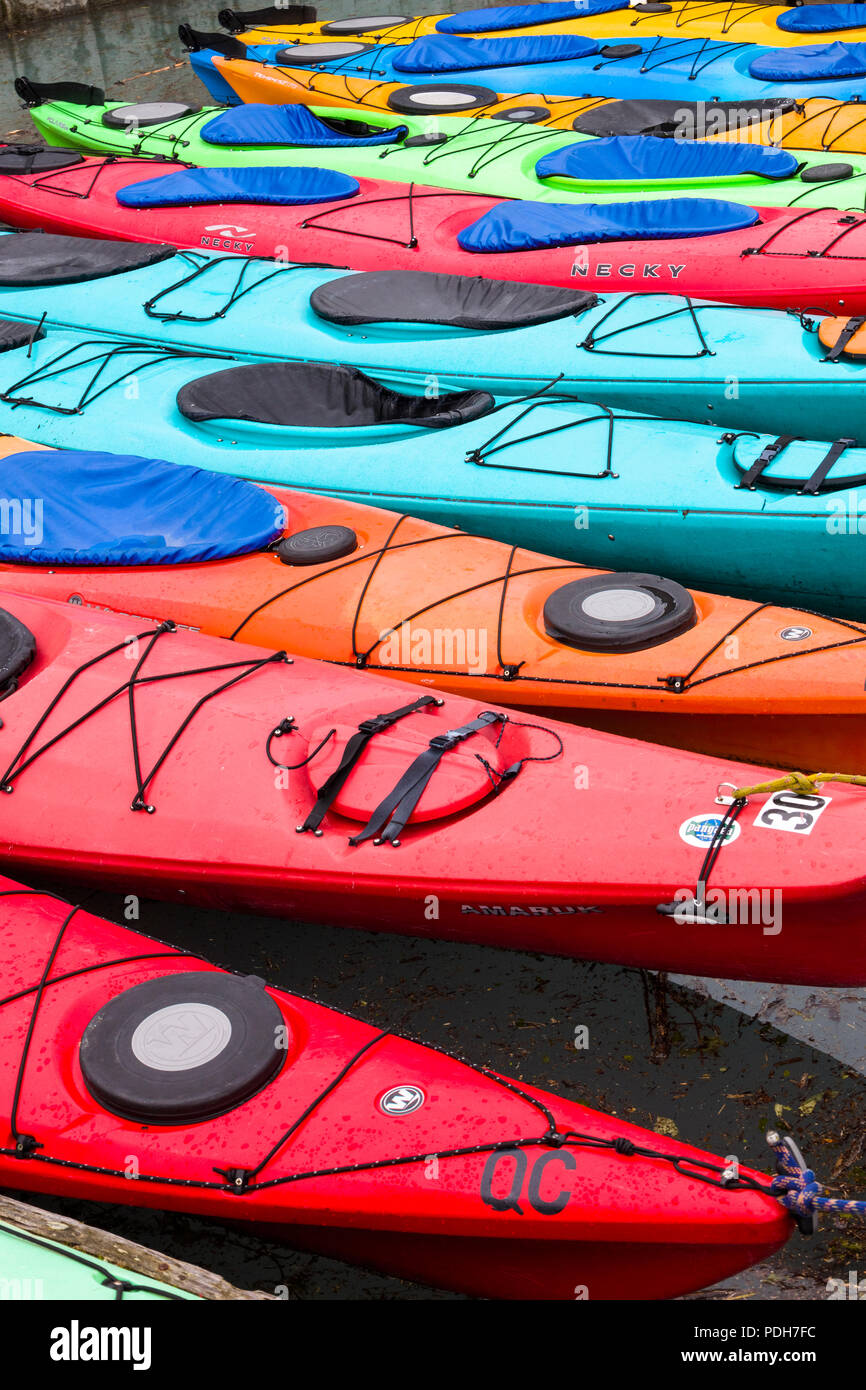 Bright colorful ocean kayaks filling frame in Valdez Alaska Stock Photo