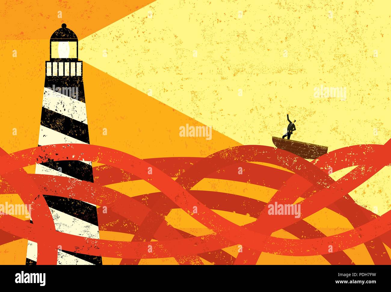 Guidance in a sea of red tape. A lighthouse providing guidance to a boat in a sea of red tape. Stock Vector