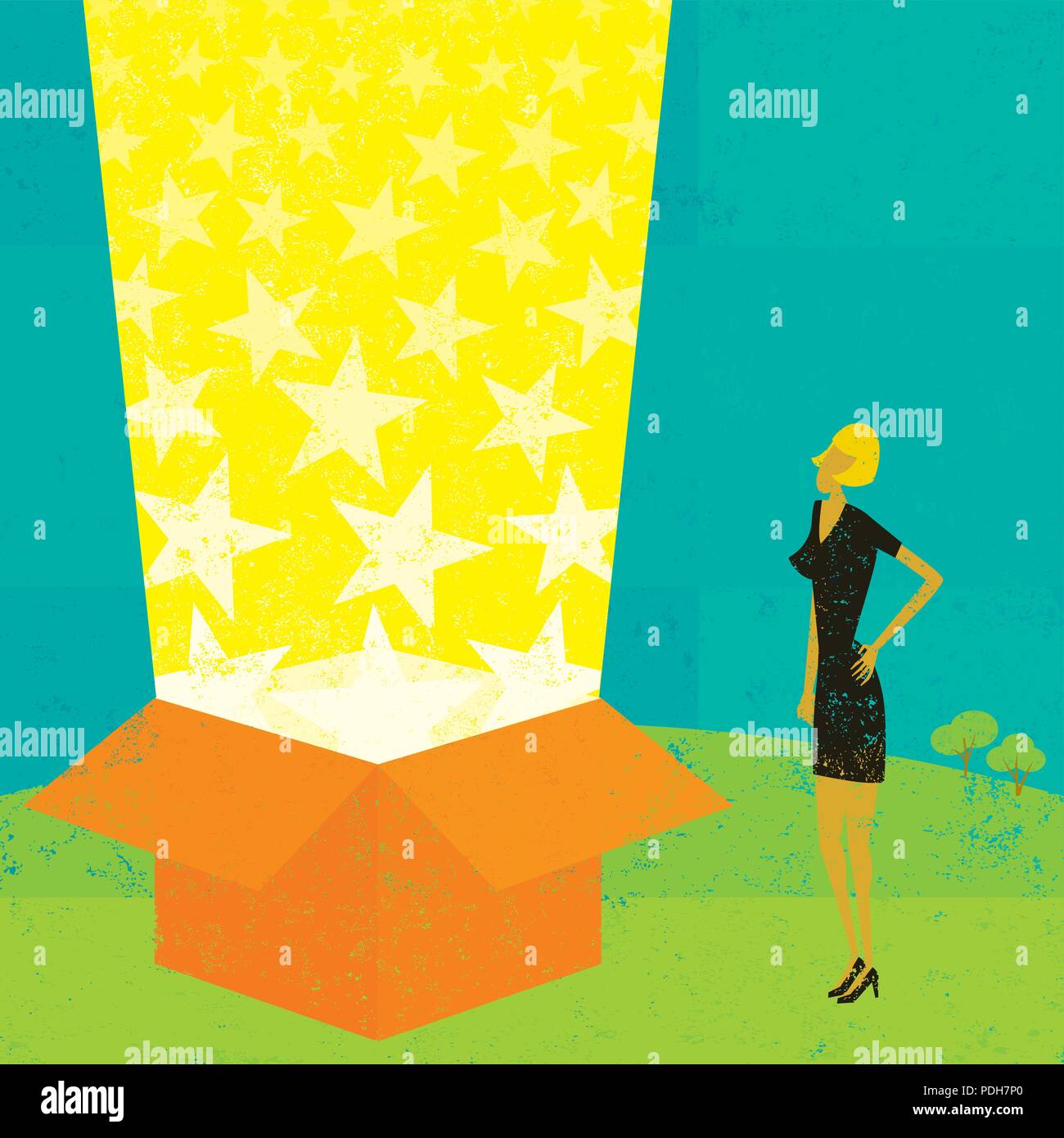 Light beam box. A businesswoman looking into a magic box with light beams and stars coming out of it. Stock Vector