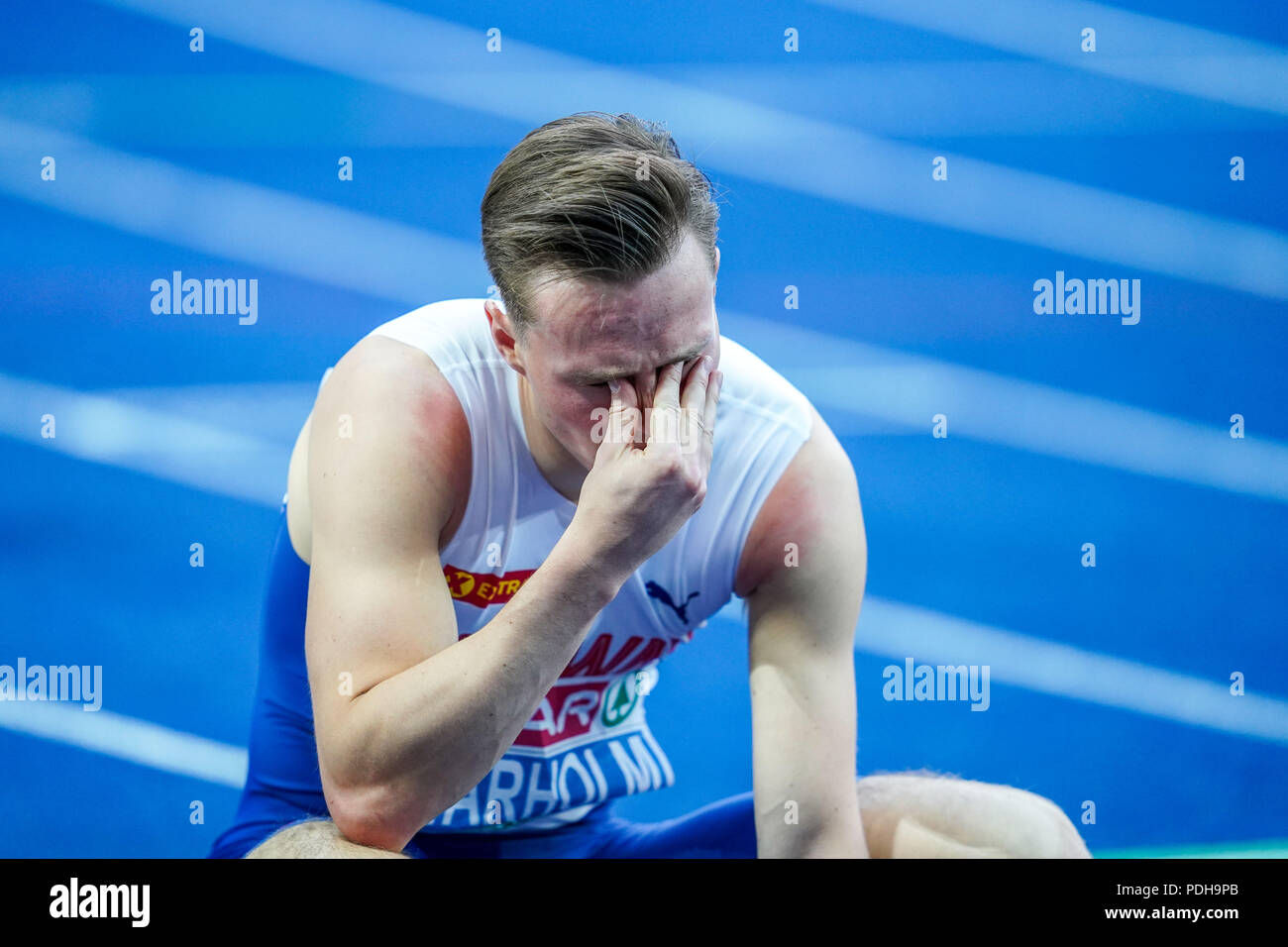 Berlin, Germany. August 9, 2018: Karsten Warholm of Â Norway winning 400 meter hurdles final for men at the Olympic Stadium in Berlin at the European Athletics Championship. Ulrik Pedersen/CSM Credit: Cal Sport Media/Alamy Live News Stock Photo