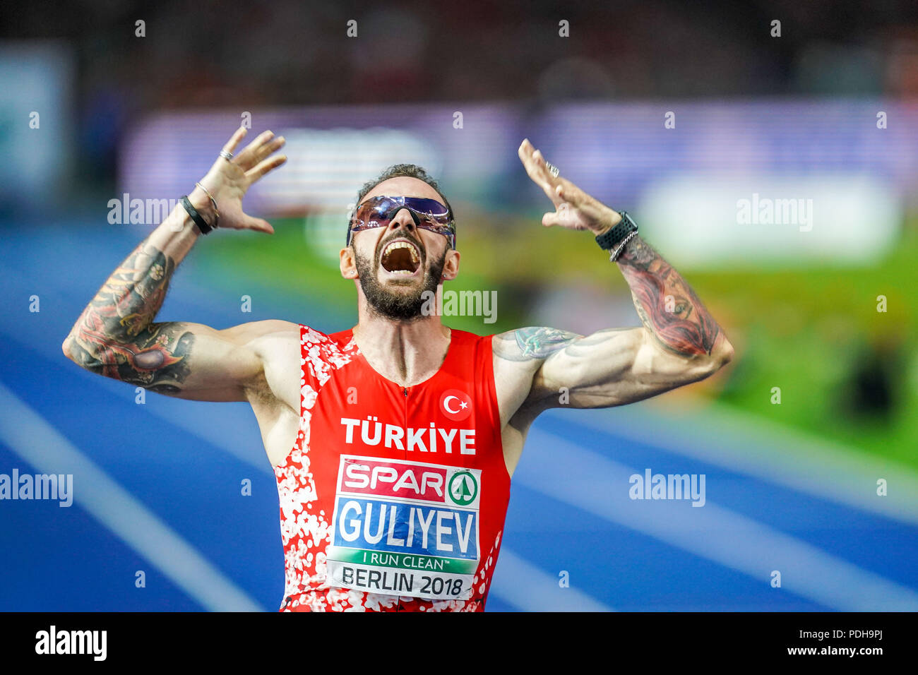 Berlin, Germany. August 9, 2018: Ramil Guliyev Â Turkey winning the 200 meter final for at the Stadium Berlin at the European Athletics Championship. Ulrik Pedersen/CSM Credit: Cal