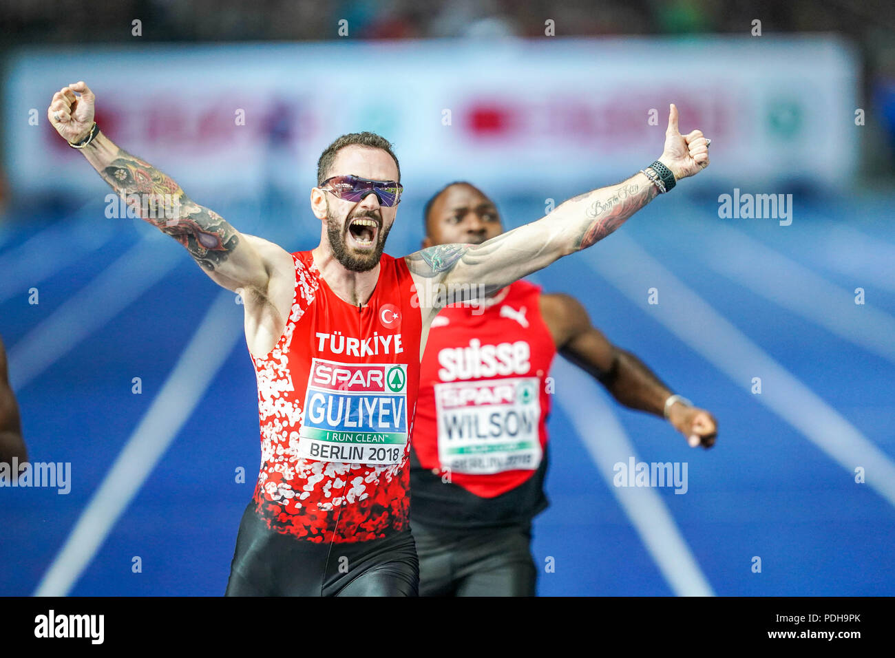 Berlin, Germany. August 9, 2018: Ramil Guliyev of Â Turkey winning the 200 meter final for men at the Olympic Stadium in Berlin at the European Athletics Championship. Ulrik Pedersen/CSM Credit: Cal Sport Media/Alamy Live News Stock Photo