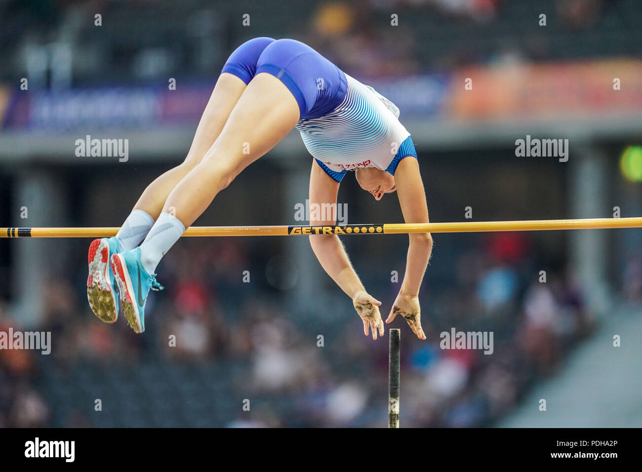 Berlin, Germany. August 9, 2018: Holly Bradshaw of Â Great Britain during pole vault final for women at the Olympic Stadium in Berlin at the European Athletics Championship. Ulrik Pedersen/CSM Credit: Cal Sport Media/Alamy Live News Stock Photo