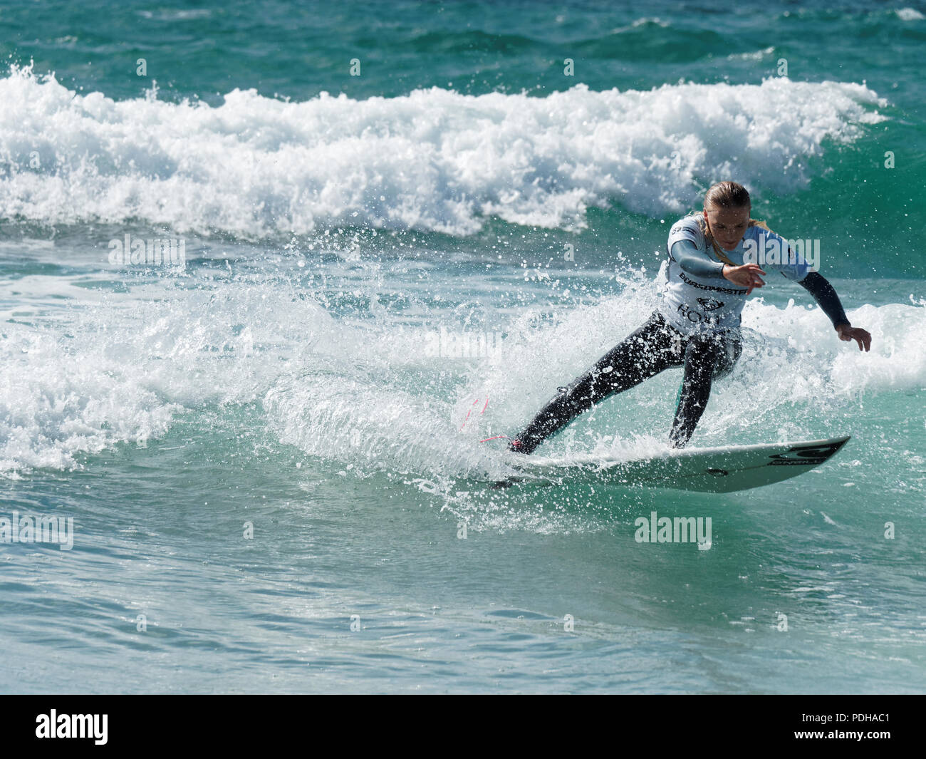 Female Pro surf Roxy event Newquay Cornwall Stock Photo