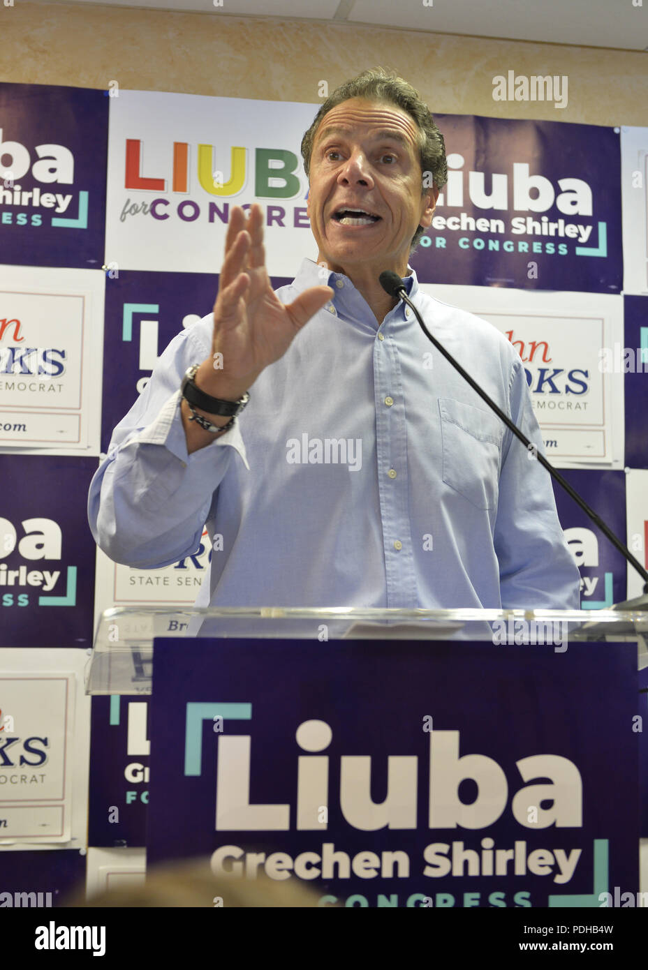 Massapequa, New York, USA. 5th Aug, 2018. L-R, Governor ANDREW CUOMO speaks at podium at opening of joint campaign office for Liuba Grechen Shirley, Congressional candidate for NY 2nd District; and NY Senator John Brooks, aiming for a Democratic Blue Wave in November midterm elections. Credit: Ann Parry/ZUMA Wire/Alamy Live News Stock Photo