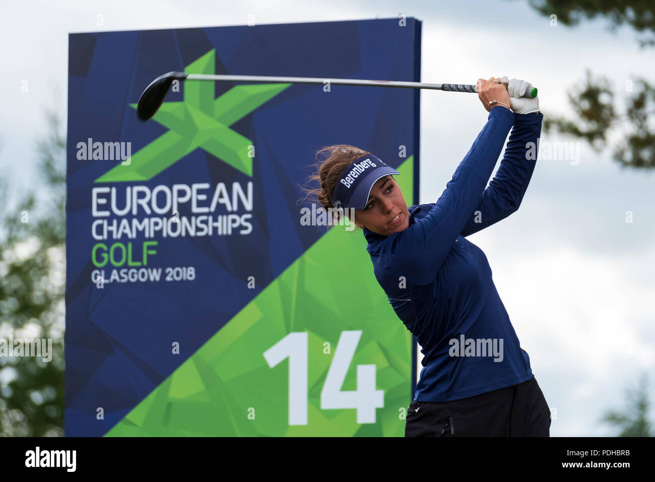 Gleneagles, Scotland, UK; 9 August, 2018.  Day two of European Championships 2018 competition at Gleneagles. Men's and Women's Team Championships Round Robin Group Stage - 2nd Round. Four Ball Match Play format. Georgia Hall tees off on the 14th tee. Stock Photo