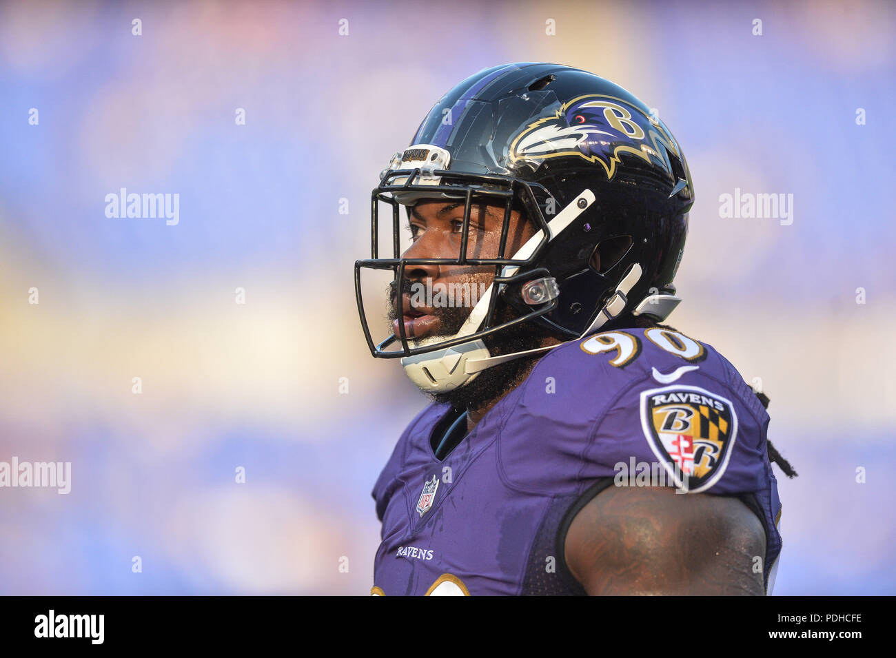 Baltimore, MD, USA. 9th Aug, 2018. ZA'DARIOUS SMITH (90) looks into the crowd before the pre-season game held at M & T Bank Stadium in Baltimore, Maryland. Credit: Amy Sanderson/ZUMA Wire/Alamy Live News Stock Photo