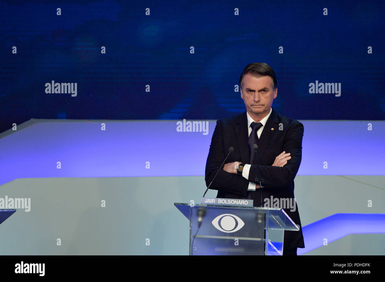 Sao Paulo, Brazil, on August 9, 2018. Brazilian presidential candidate Jair Bolsonaro (PSL), speaks during the first presidential debate ahead of the October 7 general election, at Bandeirantes television network in Sao Paulo, Brazil, on August 9, 2018.  (PHOTO: LEVI BIANCO/BRAZIL PHOTO PRESS) Stock Photo