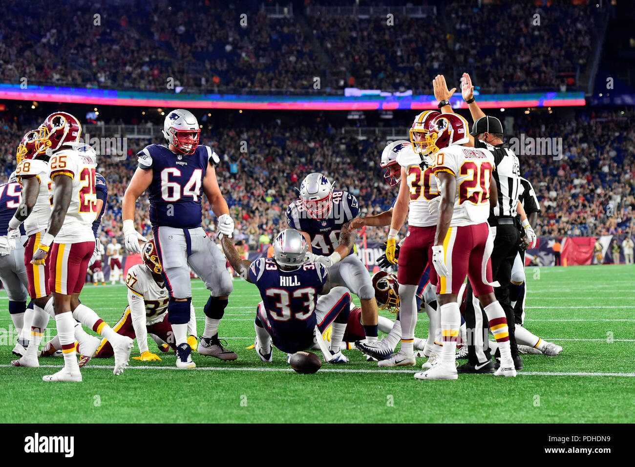 August 9, 2018: New England Patriots running back Henry Poggi (48) warms up  prior to the NFL pre-season football game between the Washington Redskins  and the New England Patriots at Gillette Stadium