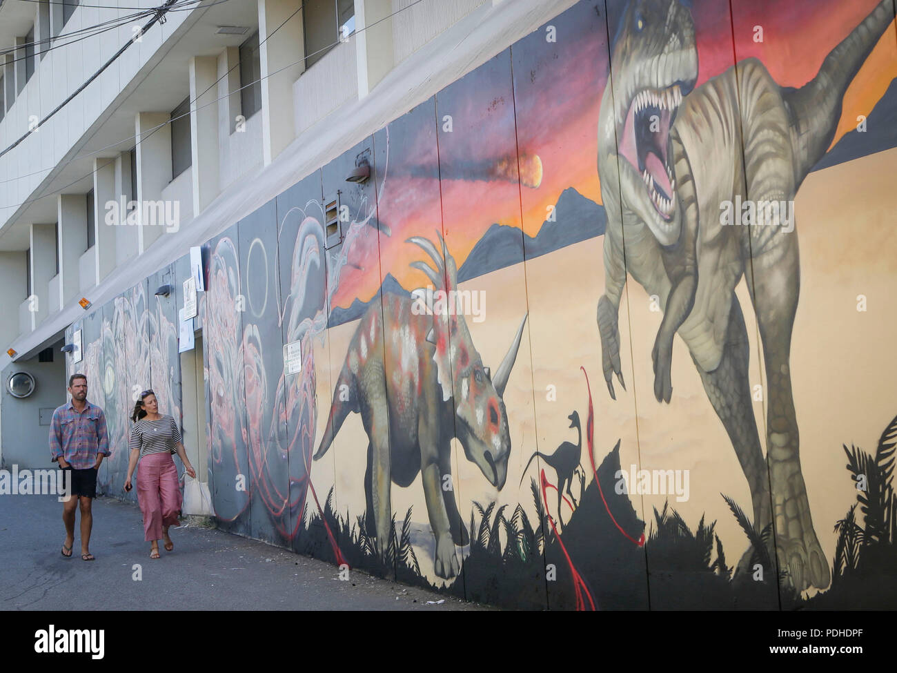 Vancouver, Canada. 9th Aug, 2018. People visit the mural during the third annual Vancouver Mural Fstival in Vancouver, Canada, Aug. 9, 2018. Artists all around the world participated in the 3rd annual Vancouver Mural Festival, the city's largest outdoor public art exhibition, which transformed the alleys, buildings and walls into their stages of presentation. Credit: Liang Sen/Xinhua/Alamy Live News Stock Photo