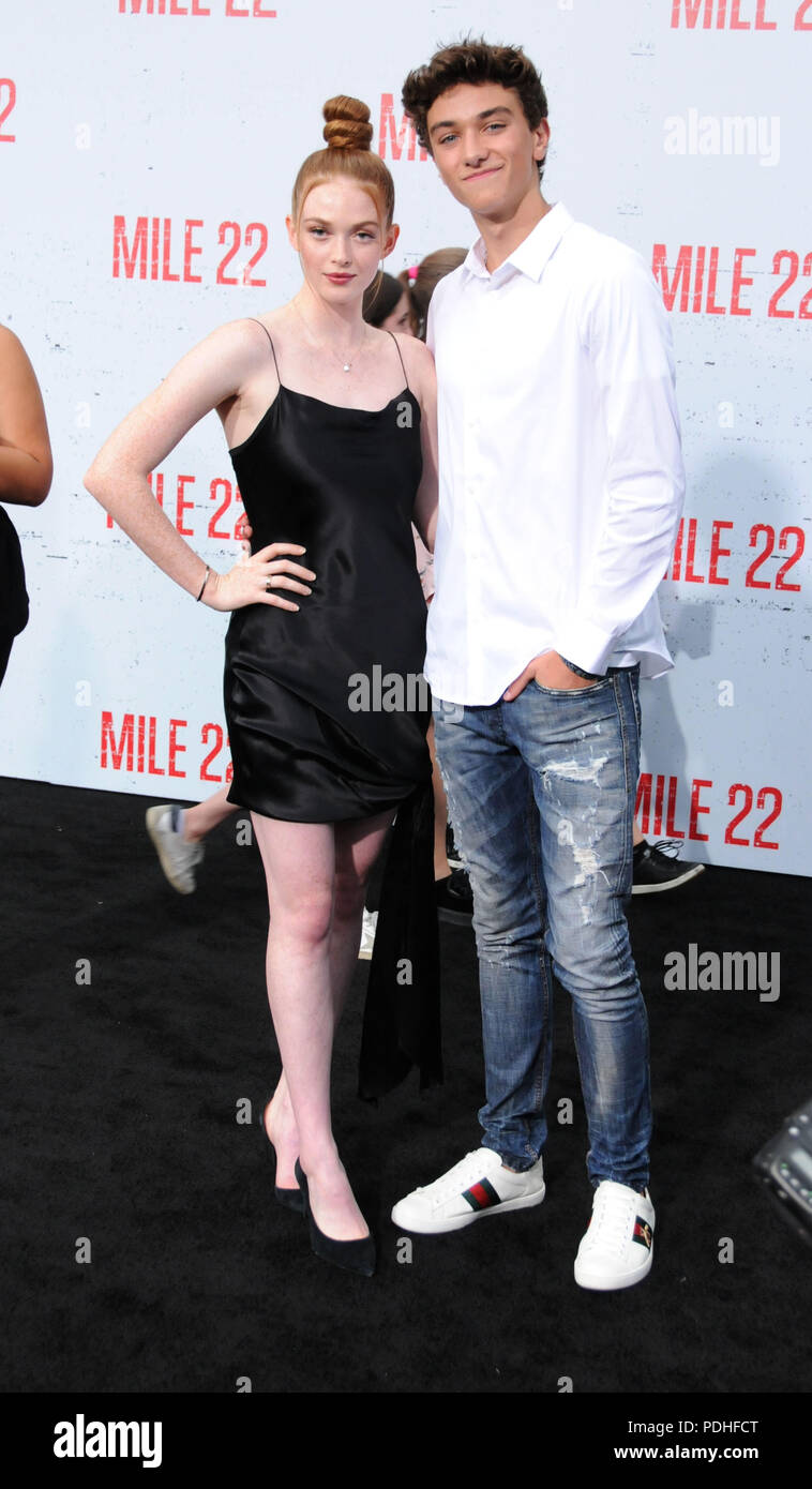 WESTWOOD, CA - AUGUST 09: Actress Larsen Thompson and actor Gavin Casalegno attend the premiere of STX Films' 'Mile 22' on August 9, 2018 at Mann Village Theatre in Westwood, California. Photo by Barry King/Alamy Live News Stock Photo