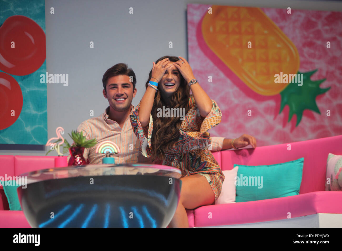 London UK 10 August 2018 The contestants of  Love Island been interviewed by ,Caroline Flack one of the most talked about program this Summer,  got together in the London Excel for a  live stage show and Meet & Greet experience,Adam ,Megan ,Eyal, Dani,Wes ,Jack Georgia ,Kas,Josh ,Samira,Laura and Paul@Paul Quezada-Neiman/Alamy Live News Stock Photo