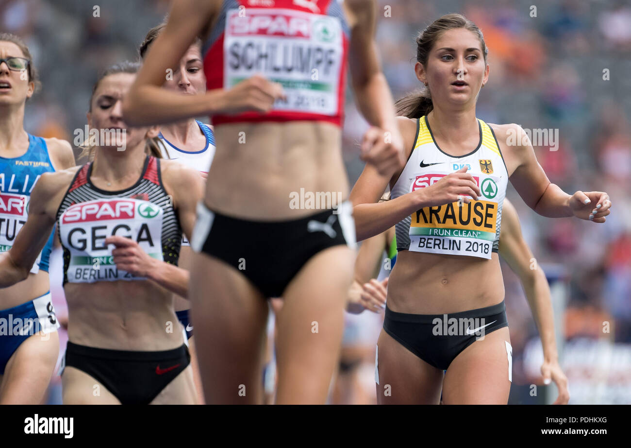 Berlin, Germany. 10th Aug, 2018. European Athletics Championships at the  Olympic Stadium: 3000 Meter Obstacle, Women, Round 1: Luiza Gega from  Albania (L-R), Fabienne Schlumpf from Switzerland and Gesa-Felicitas Krause  from Germany