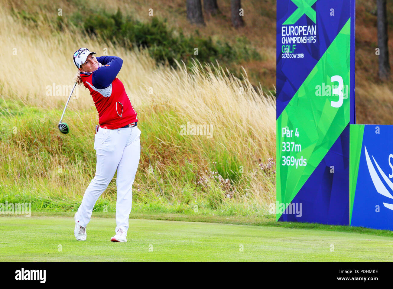 Gleneagles, Scotland, UK. 10th August, 2018. The Fourball Match Play continues with the pairing of Catriona Matthew and Holly Clyburn representing Great britain playing against Cajsa Persson and Linda Wessberg of Sweden. Clyburn teeing off at the third Credit: Findlay/Alamy Live News Stock Photo