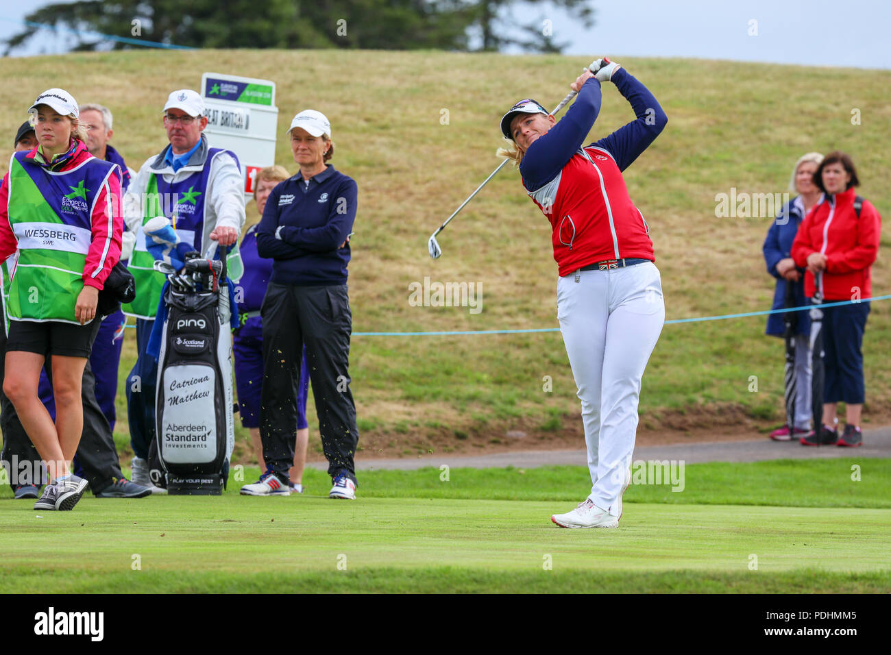 Gleneagles, Scotland, UK. 10th August, 2018. The Fourball Match Play continues with the pairing of Catriona Matthew and Holly Clyburn representing Great Britain playing against Cajsa Persson and Linda Wessberg of Sweden. Clyburn teeing off at the 4th hole. Credit: Findlay/Alamy Live News Stock Photo