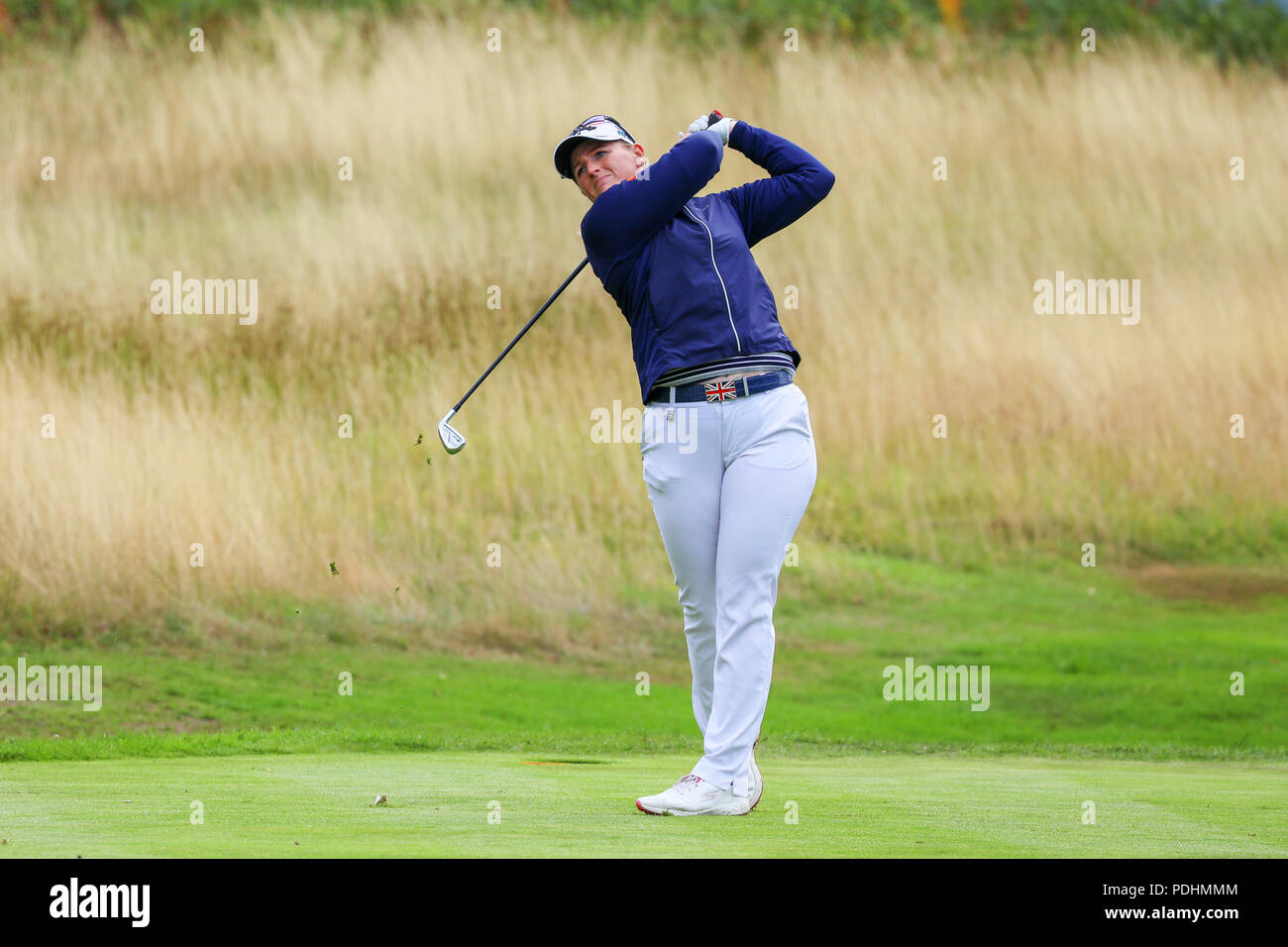Gleneagles, Scotland, UK. 10th August, 2018. The Fourball Match Play continues with the pairing of Catriona Matthew and Holly Clyburn representing Great Britain playing against Cajsa Persson and Linda Wessberg of Sweden. Clyburn playing her tee shot at the 5th Credit: Findlay/Alamy Live News Stock Photo
