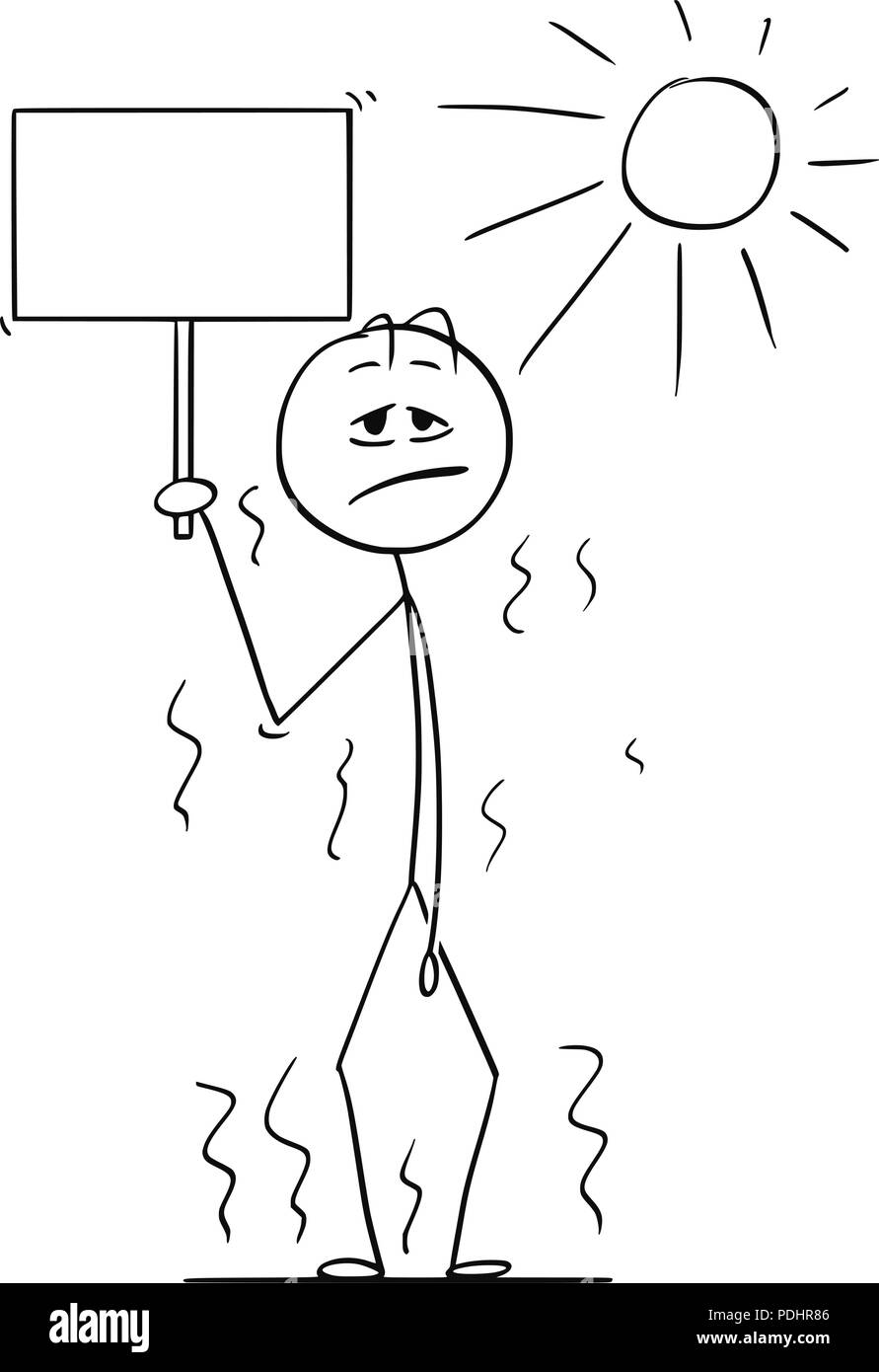 Cartoon of Man Standing in Hot Summer Heat With Empty Sign in Hand Stock Vector