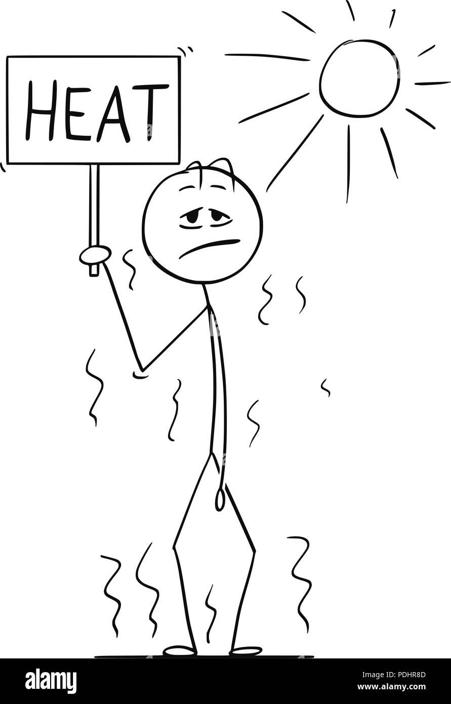 Cartoon of Man Standing in Hot Summer With Heat Sign in Hand Stock Vector