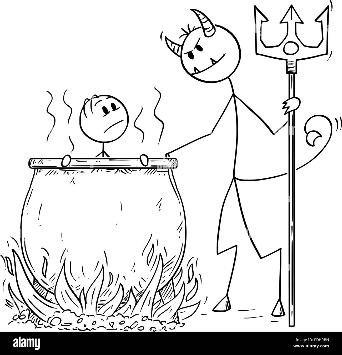 Cartoon of Man or Businessman, who is Boiled for His Sins by Devil in Cauldron in Hell Stock Vector