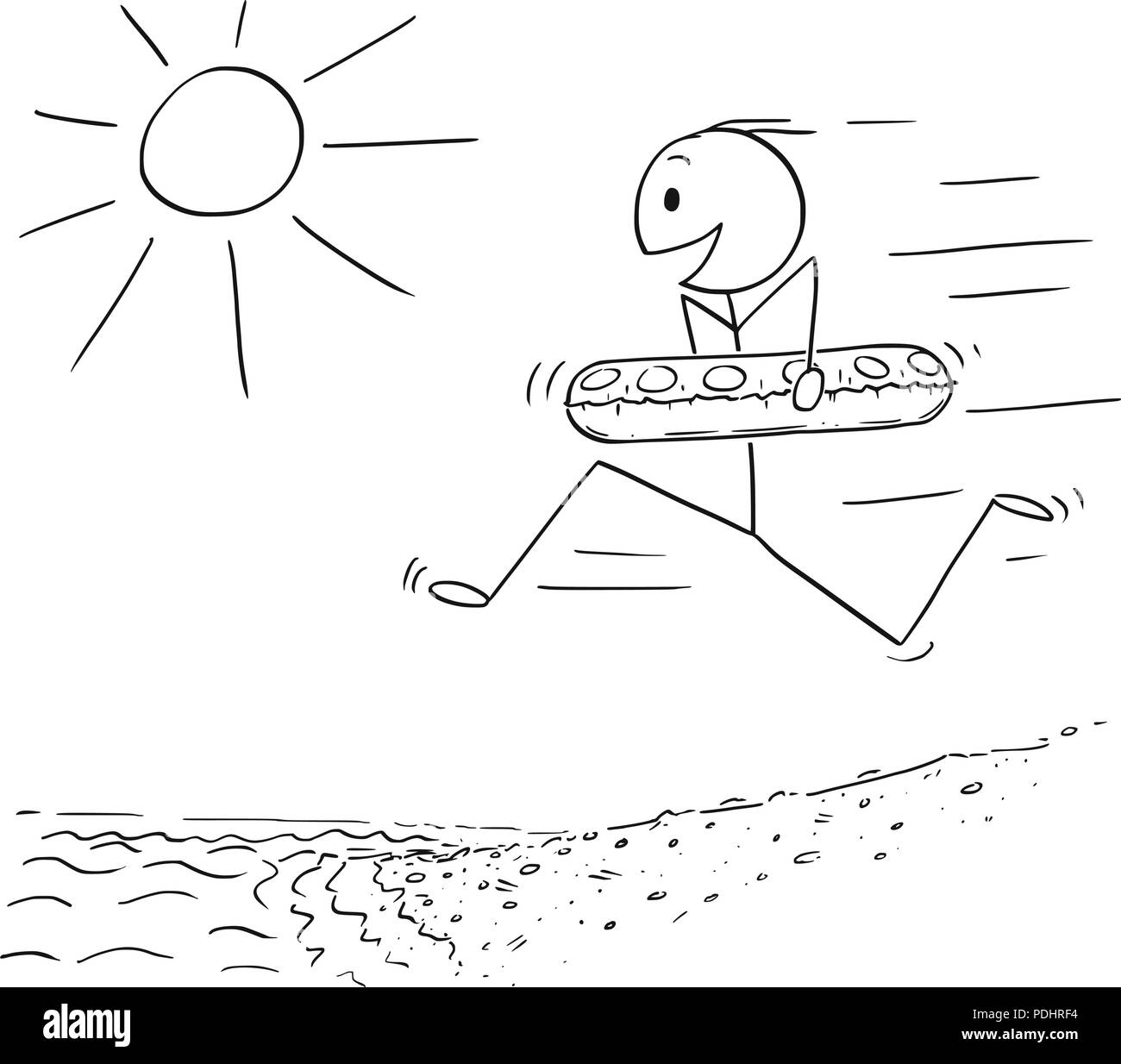 Cartoon of Happy Man With Swimming Ring Running on Beach in to Water Stock Vector