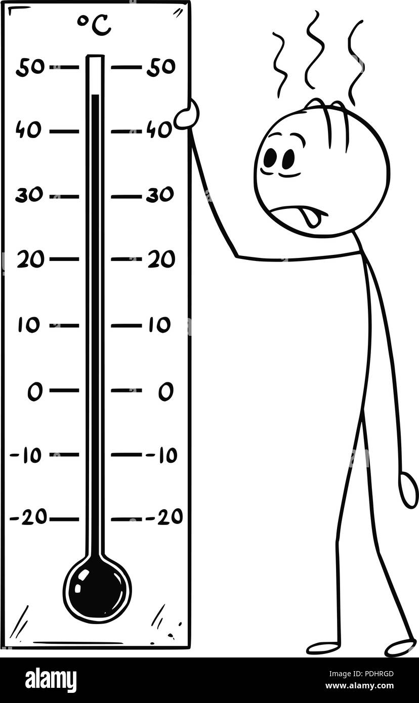 Cartoon of Man Holding Celsius Thermometer Showing Hot Weather or Heat Stock Vector