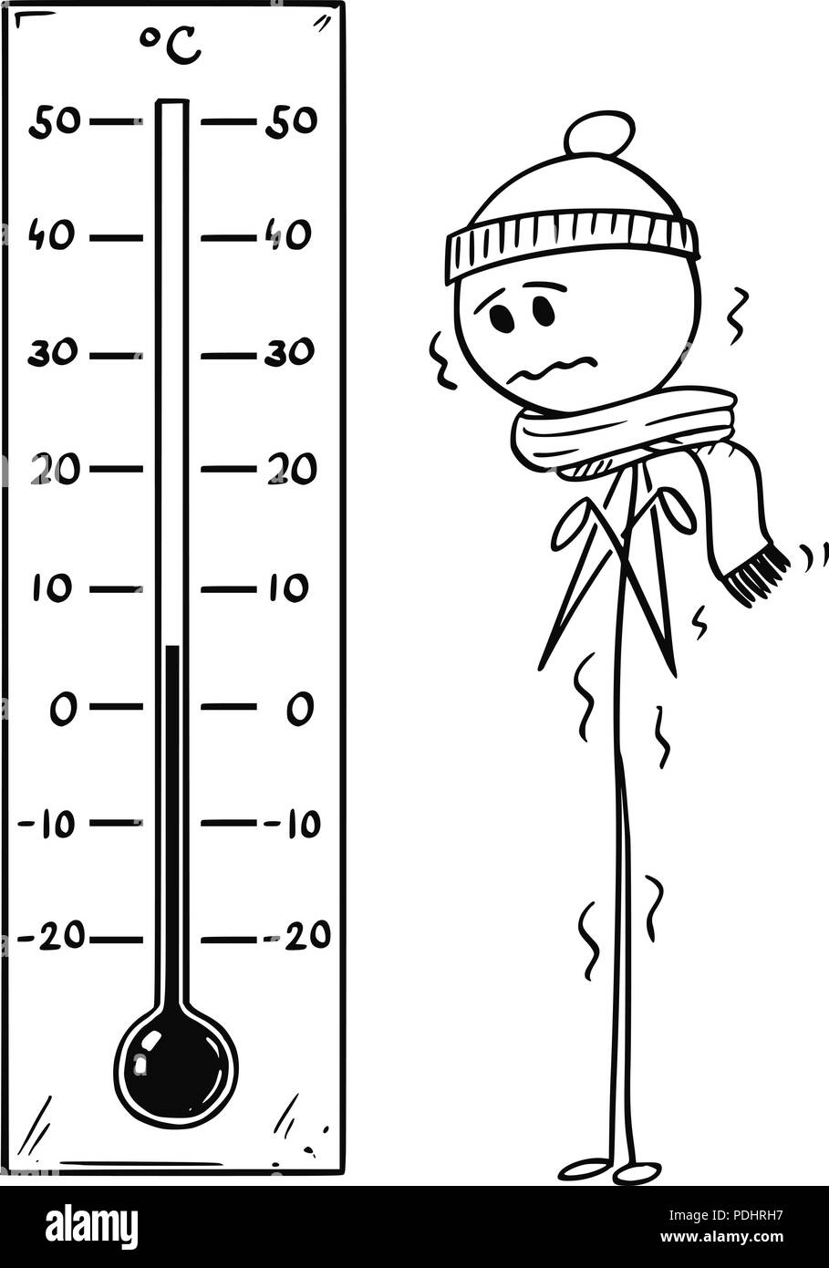 Cartoon of Chilled Man Looking at Big Celsius Thermometer Showing Low Temperature Stock Vector