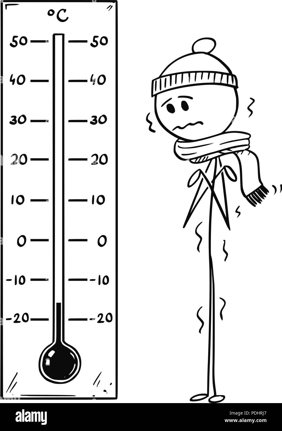 Cartoon of Chilled Man Looking at Big Celsius Thermometer Showing Low Temperature Stock Vector