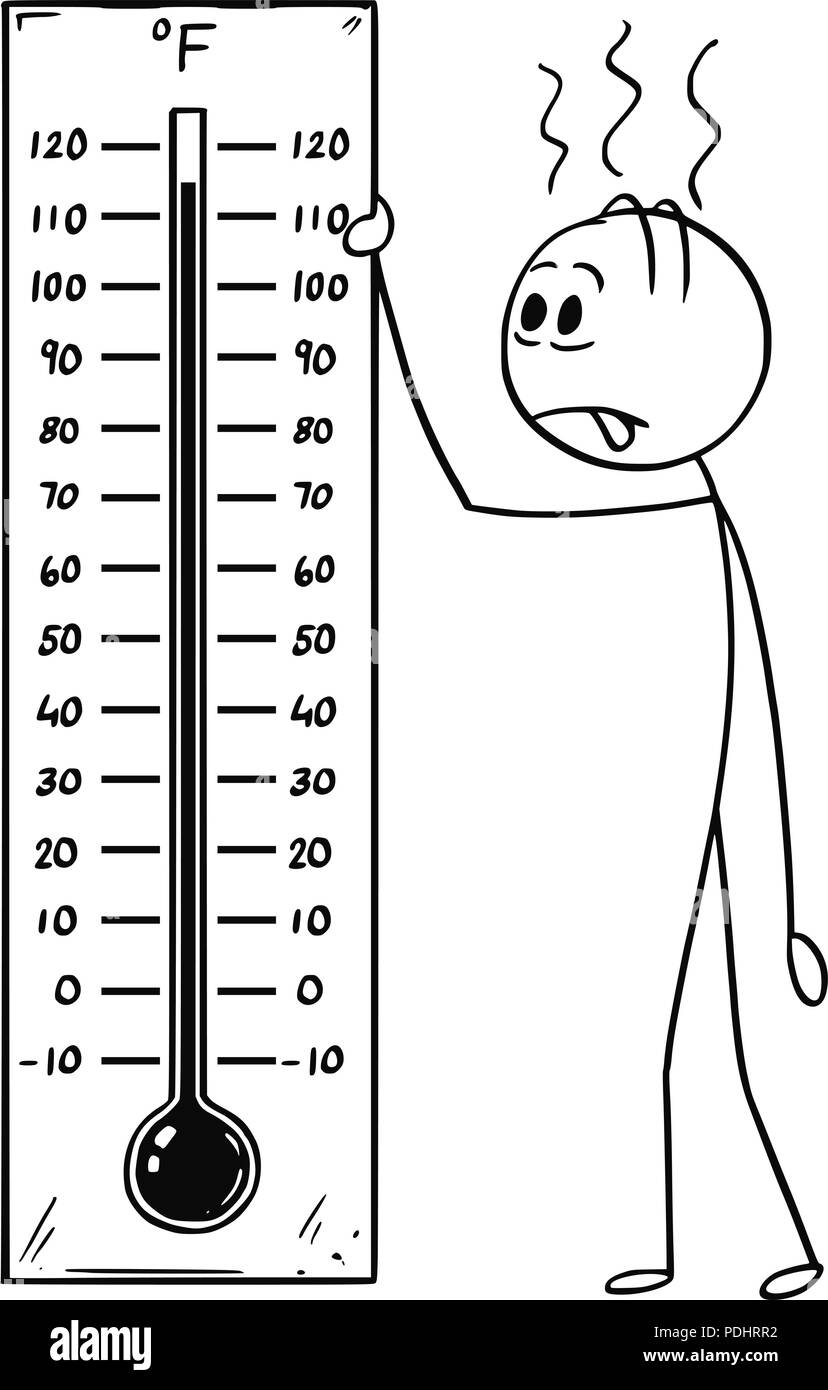 Cartoon of Man Holding Fahrenheit Thermometer Showing Hot Weather or Heat Stock Vector