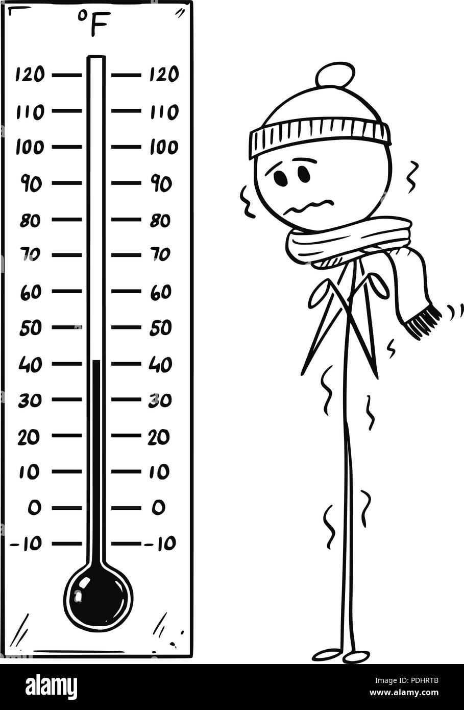 Cartoon of Chilled Man Looking at Big Fahrenheit Thermometer Showing Low Temperature Stock Vector