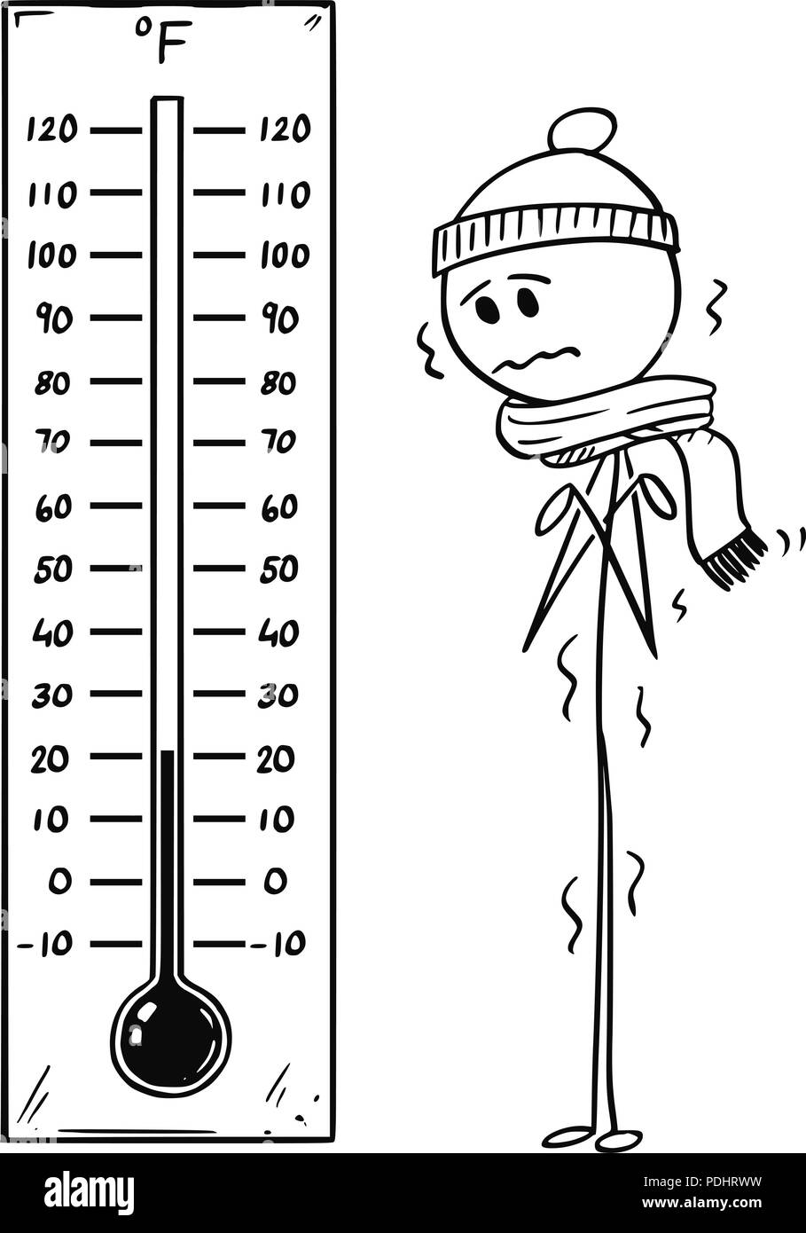 Cartoon of Chilled Man Looking at Big Fahrenheit Thermometer Showing Low Temperature Stock Vector