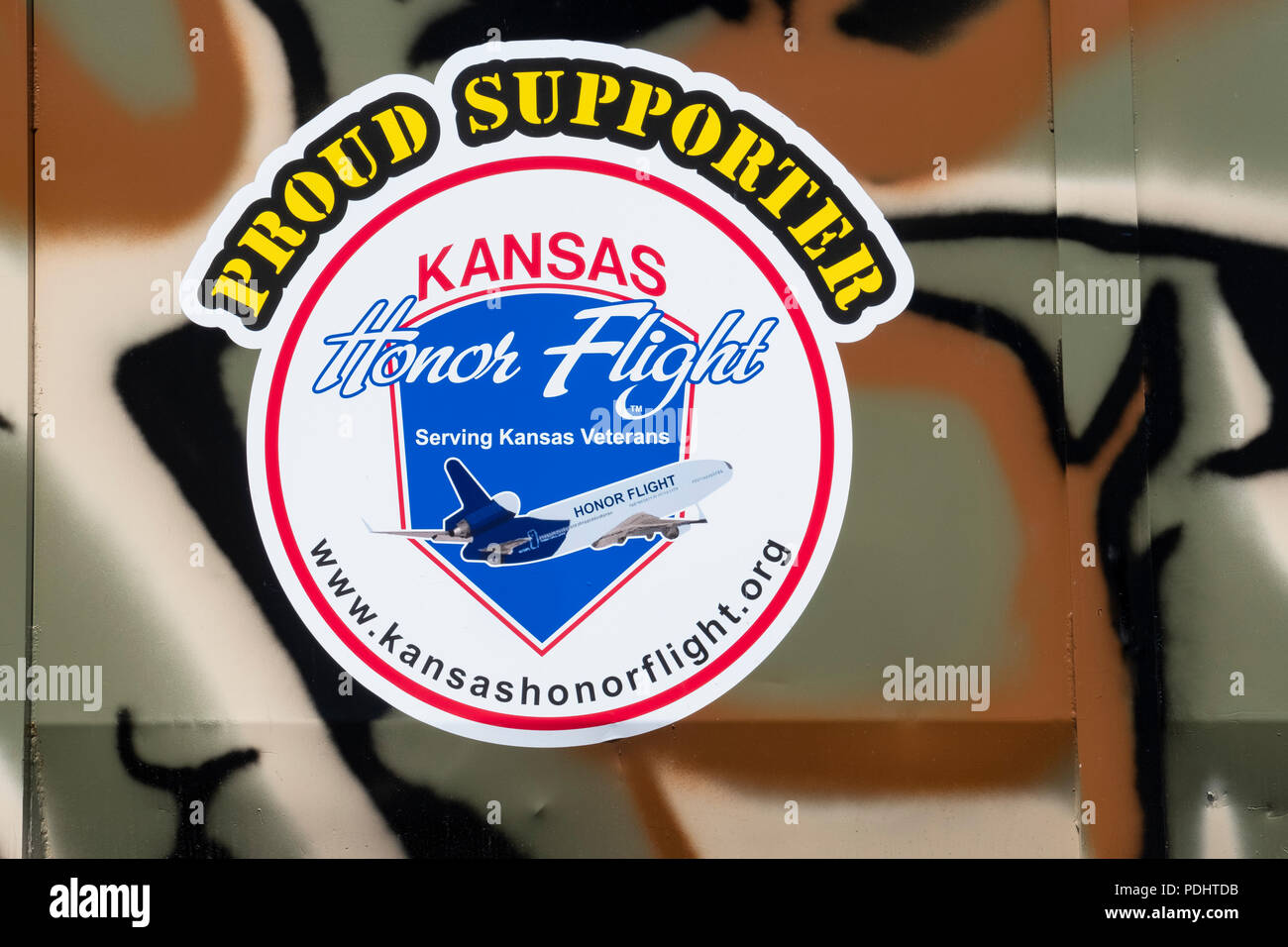 Emblem of Kansas Honor Flight. The mission is to transport our WWII, Korean War, and Vietnam War veterans to Washington, D.C. to visit Memorials. Stock Photo