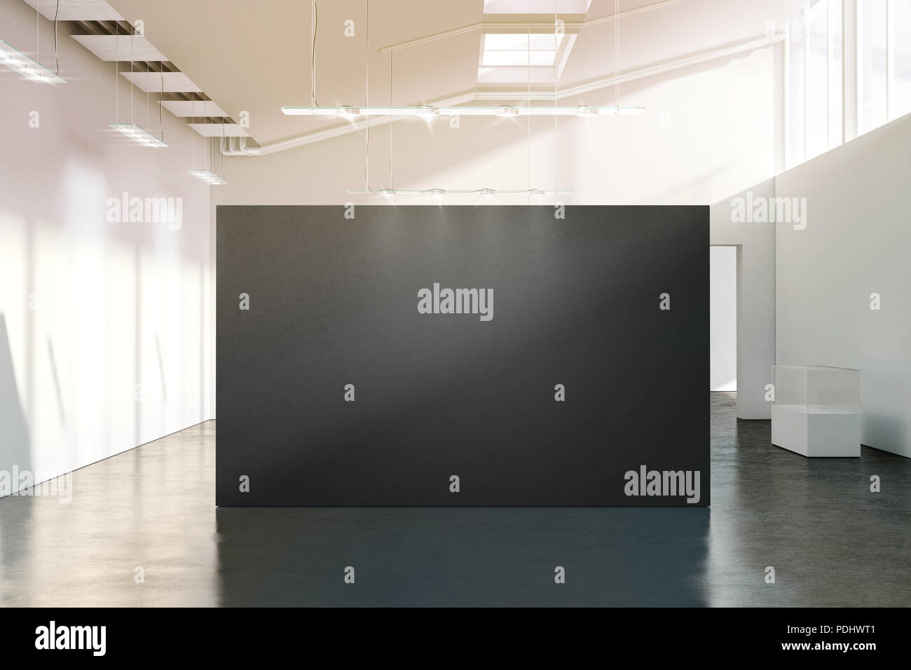 Download Blank Black Wall Mockup In Sunny Modern Empty Gallery 3d Rendering Dark Big Stand Mock Up In Museum With Contemporary Art Exhibitions Large Hall Interior With Wide Grey Banner Exposition Template Stock PSD Mockup Templates