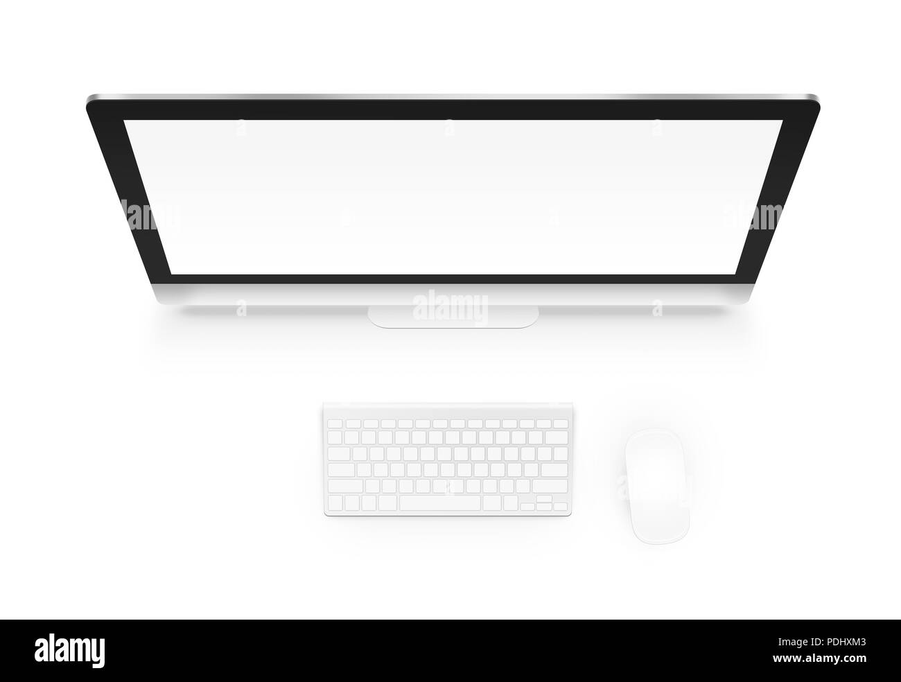 Computer mock up with keyboard and mouse from above isolated. Office  workspace with pc mockup, top view. Creator workplace template atop. Blank  screen for internet web site project presentation Stock Photo -