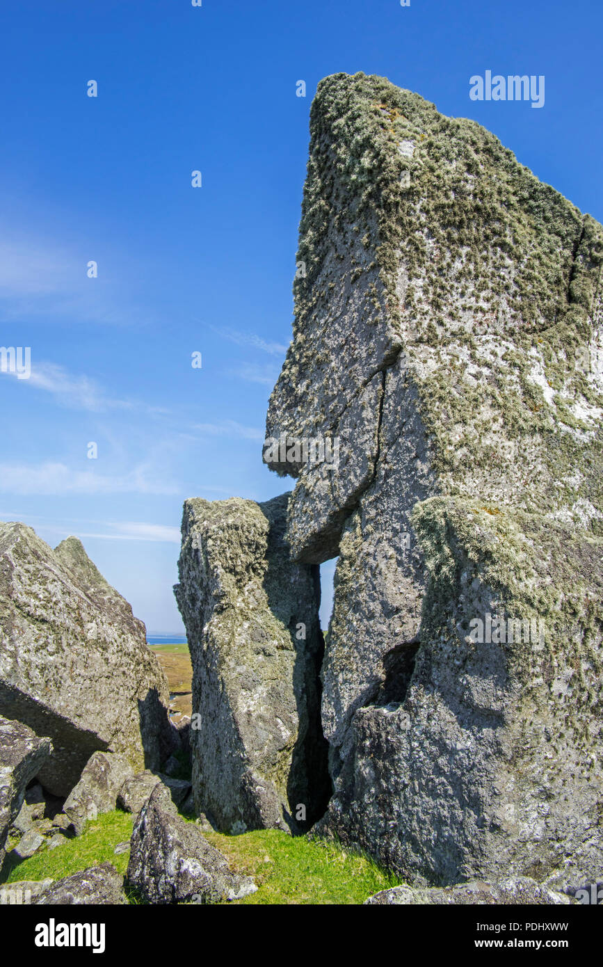 The Stanes of Stofast / Steens of Stofast, 2,000 tonne glacial erratic rock at Lunna Ness, Mainland, Shetland Islands, Scotland, UK Stock Photo
