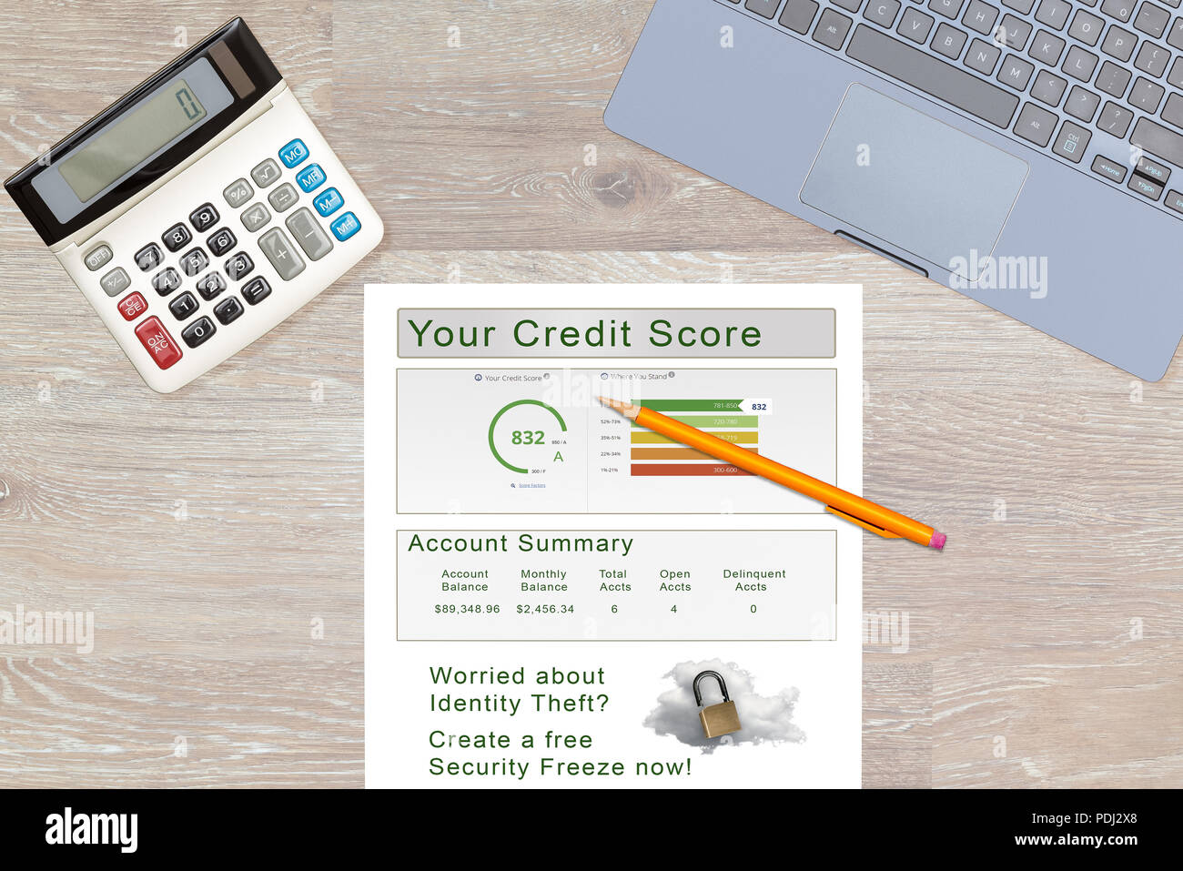 Credit report and lock or freeze recommendation on desk Stock Photo