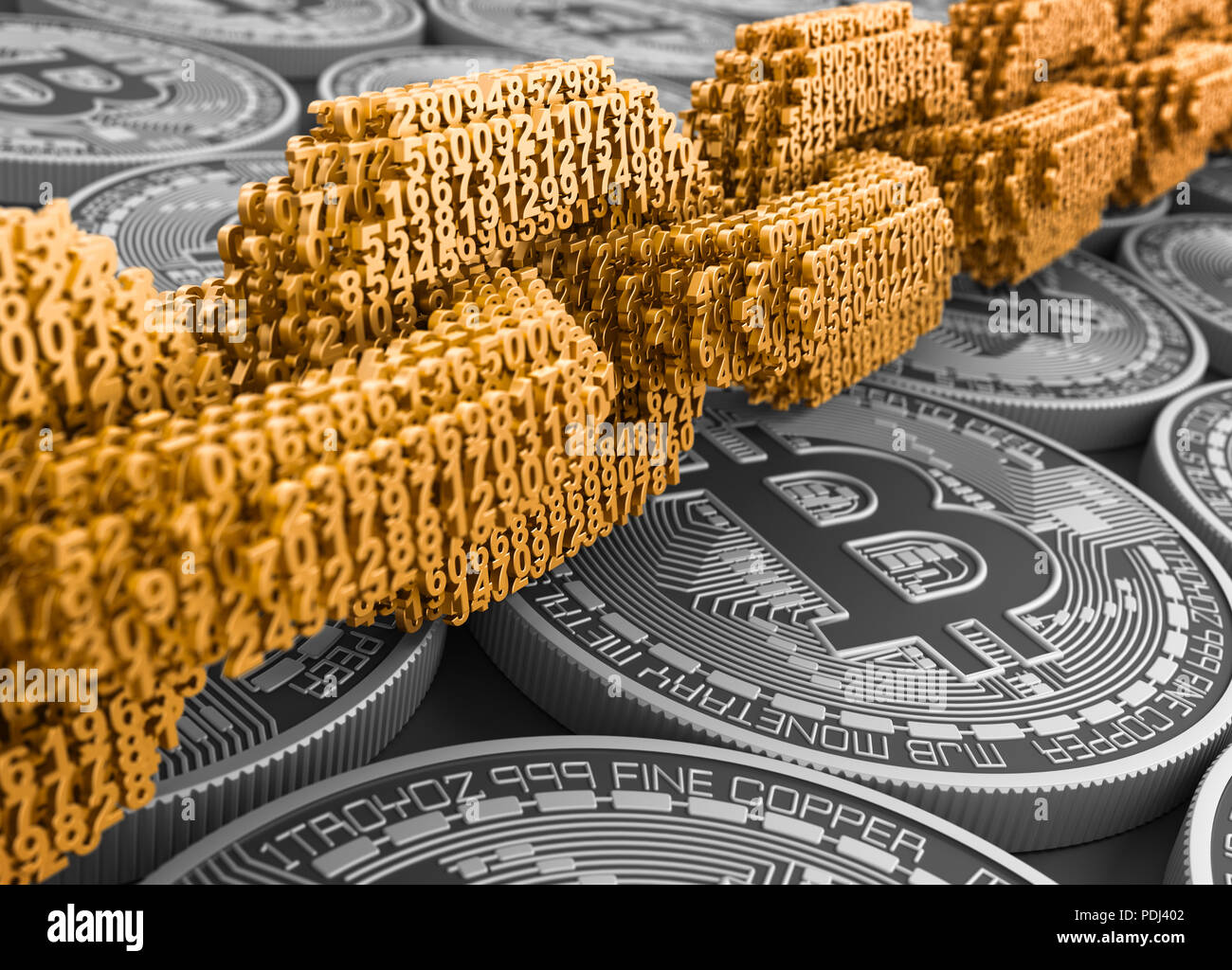 Concept Of Blockchain. Gold Digital Chain Of Interconnected 3D Numbers And Silver Bitcoins. 3D Illustration. Stock Photo