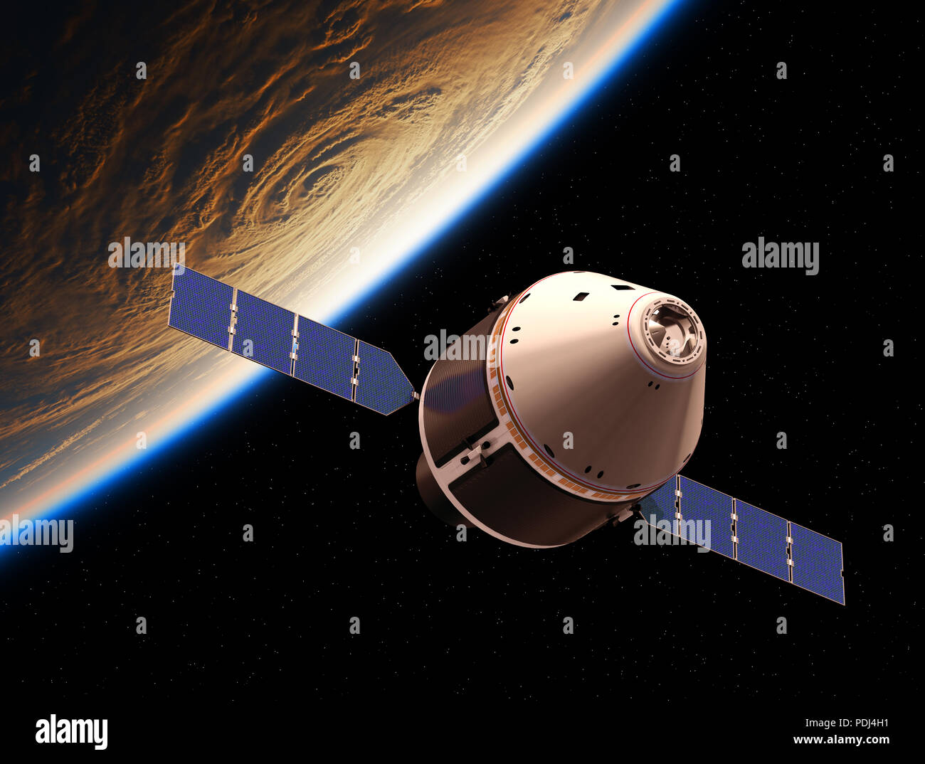 Crew Exploration Vehicle Orbiting Planet Earth. 3D Illustration. Stock Photo