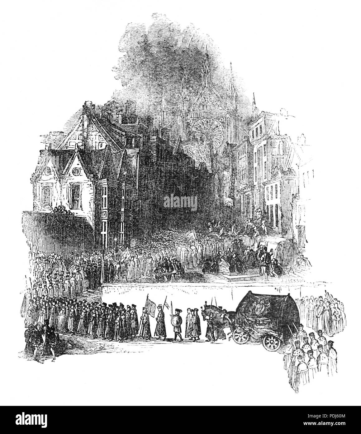 The funeral cortege of Elizabeth I (1533-1603) Queen of England and Ireland from 17 November 1558 until her death on 24 March 1603 and the last monarch of the House of Tudor. Elizabeth's coffin was taken to Westminster Abbey on a hearse drawn by four horses hung with black velvet after she died on 24 March 1603 at Richmond Palace, between two and three in the morning. A few hours later, Cecil and the council set their plans in motion and proclaimed James King of England. Stock Photo