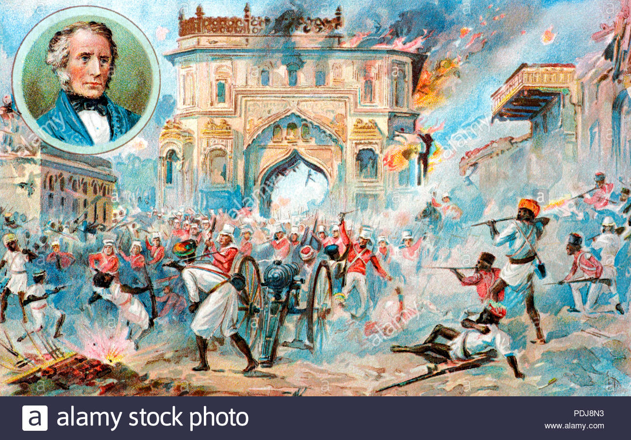 Siege of Lucknow, Great Indian rebellion and mutiny of 1857, published in c1900. Brigadier-General Sir Henry Montgomery Lawrence inset. Stock Photo